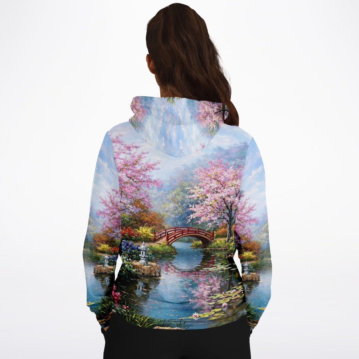 Hoodie mit Motiv Chinesischer Garten und blühenden Kirschbäumen, wie man es aus Malen nach Zahlen Vorlagen kennt