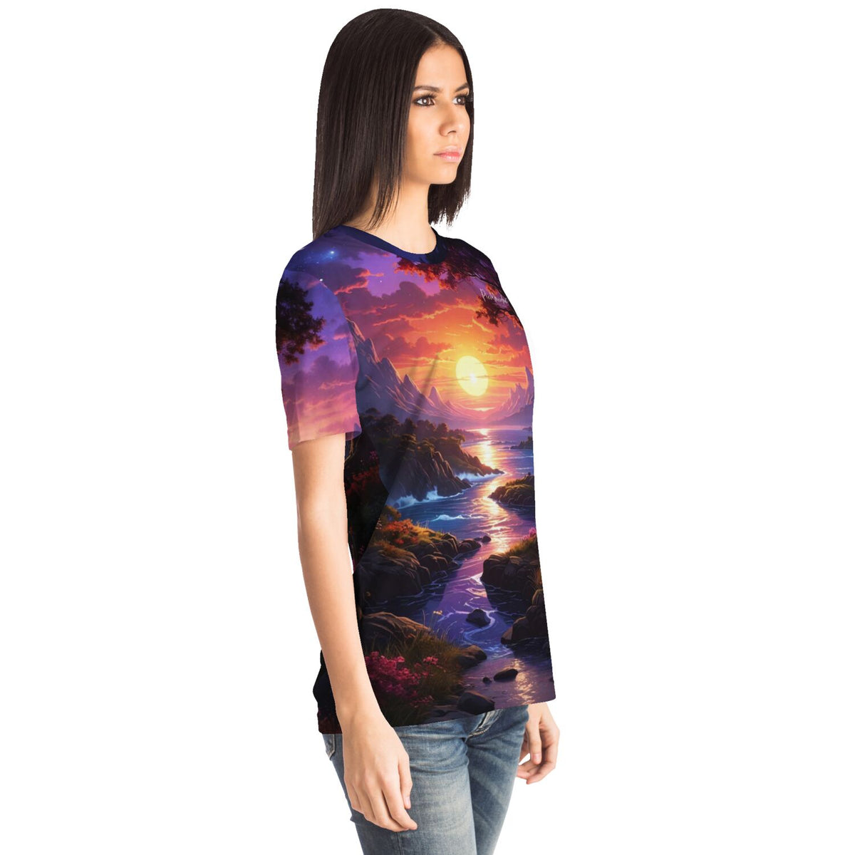 Frau trägt Dreamer T-Shirt mit Melodie des Lichts Motiv ähnlich zu Diamond Painting und Malen nach Zahlen Landschaften
