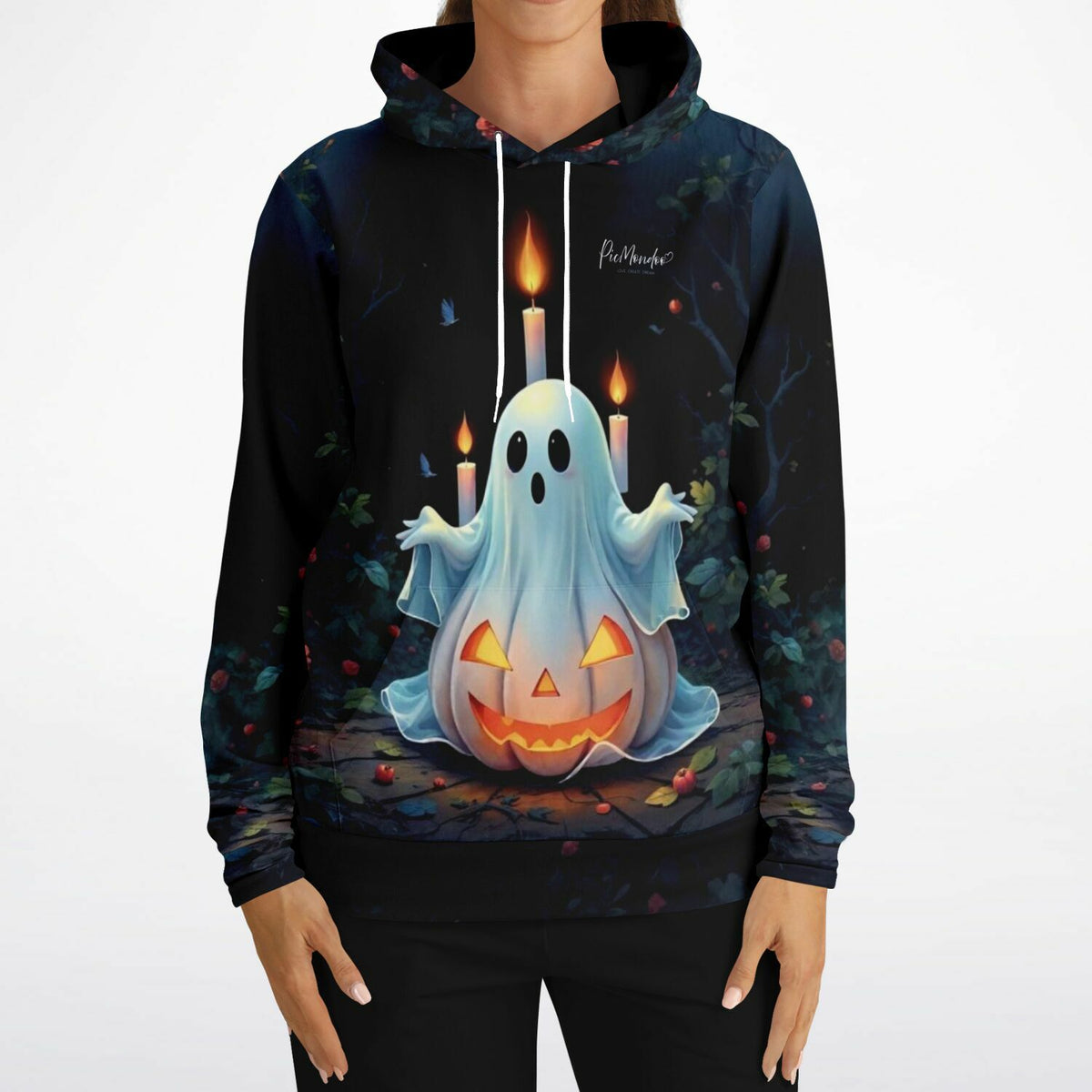 Schwarzer Hoodie mit süßem Geist- und Kürbis-Motiv im Stil von Diamond Painting oder Malen nach Zahlen Designs