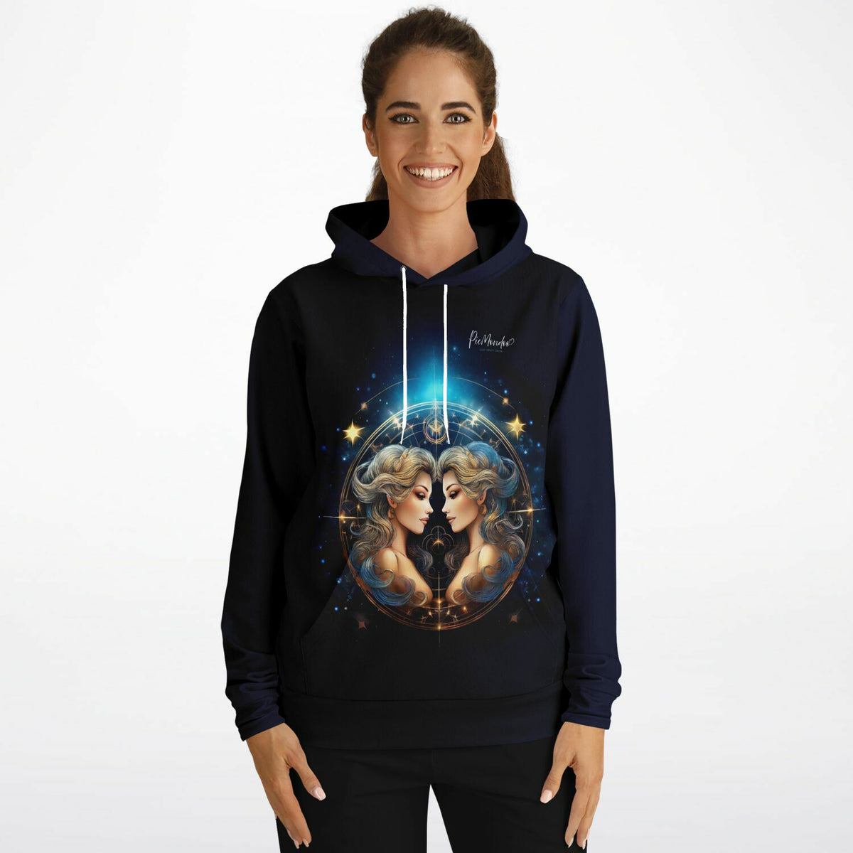 Schwarzer Hoodie mit Sternzeichen Zwilling Motiv im Stil von Diamond Painting und Malen nach Zahlen Kunstwerken