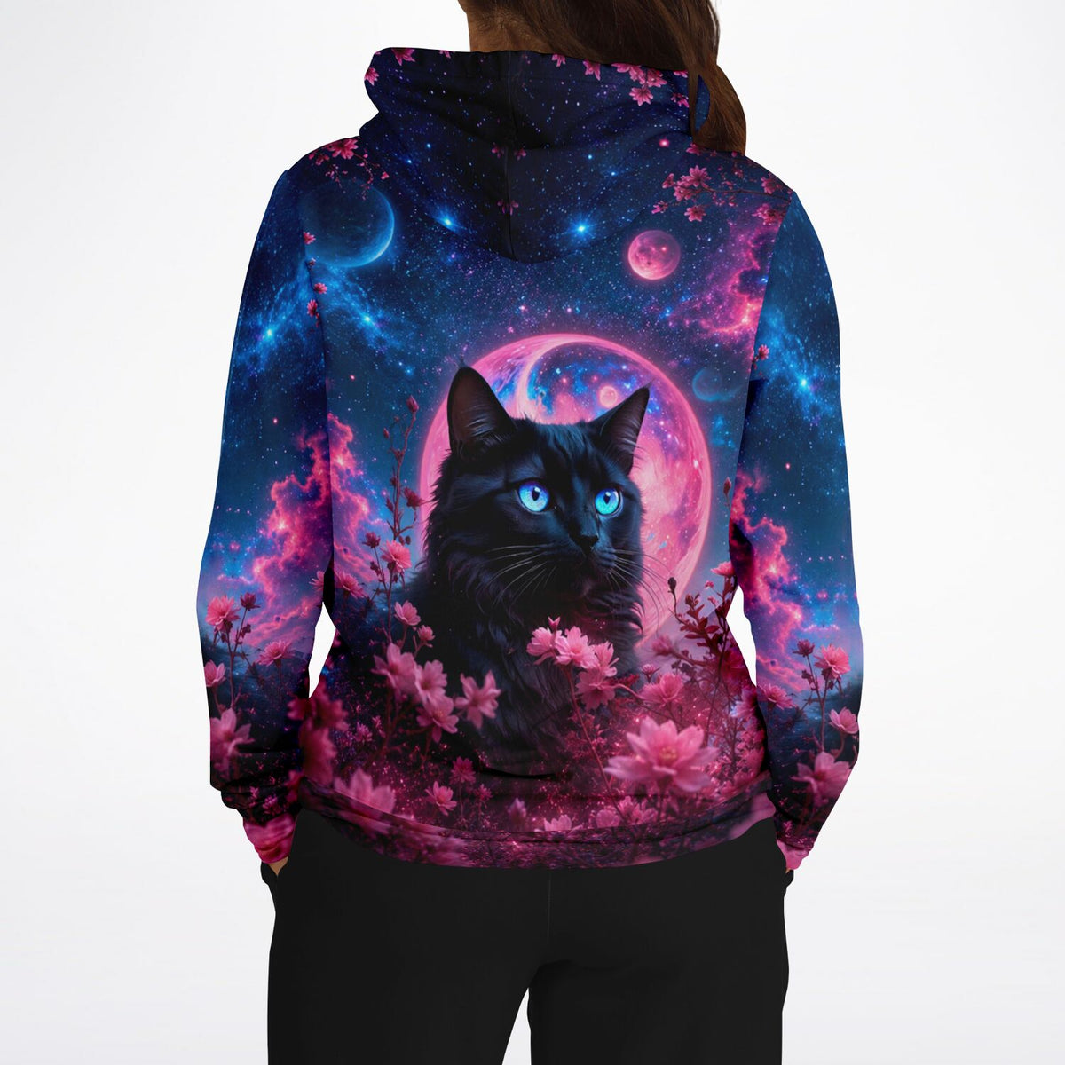 Hoodie mit schwarzer Katze, blauen Augen und pinkem Mond-Design im Stil von anspruchsvollem Malen nach Zahlen für Erwachsene