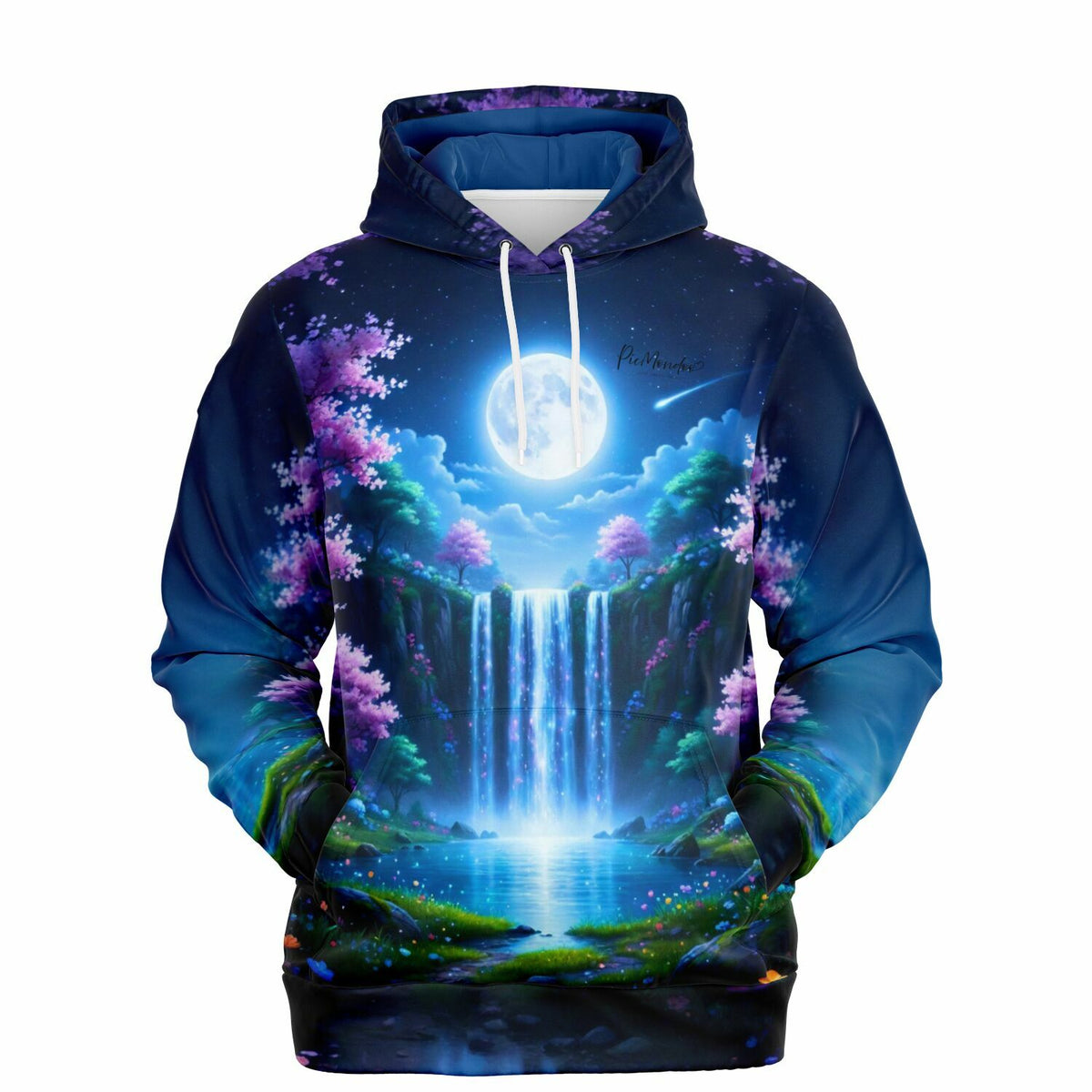 Dreamer Hoodie Tal der flüsternden Wasser mit malerischem Wasserfall, Vollmond und leuchtenden Kirschblüten