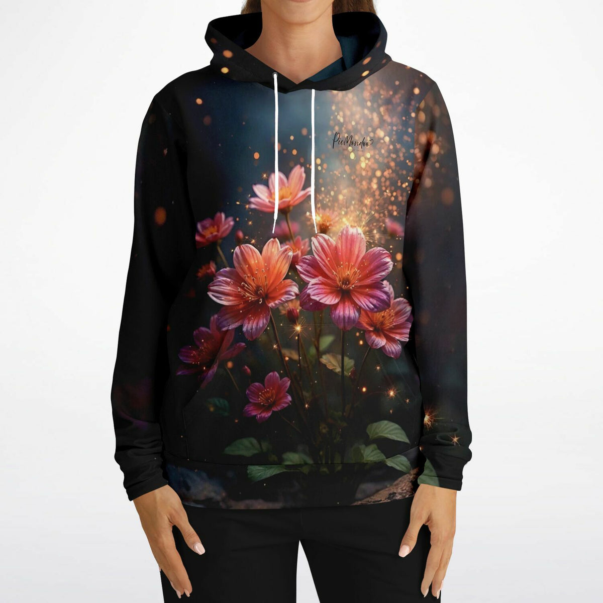 Schwarzer Picmondoo Hoodie mit Flower Sparkle Motiv, inspiriert durch Diamond Painting und Malen nach Zahlen Kunst.