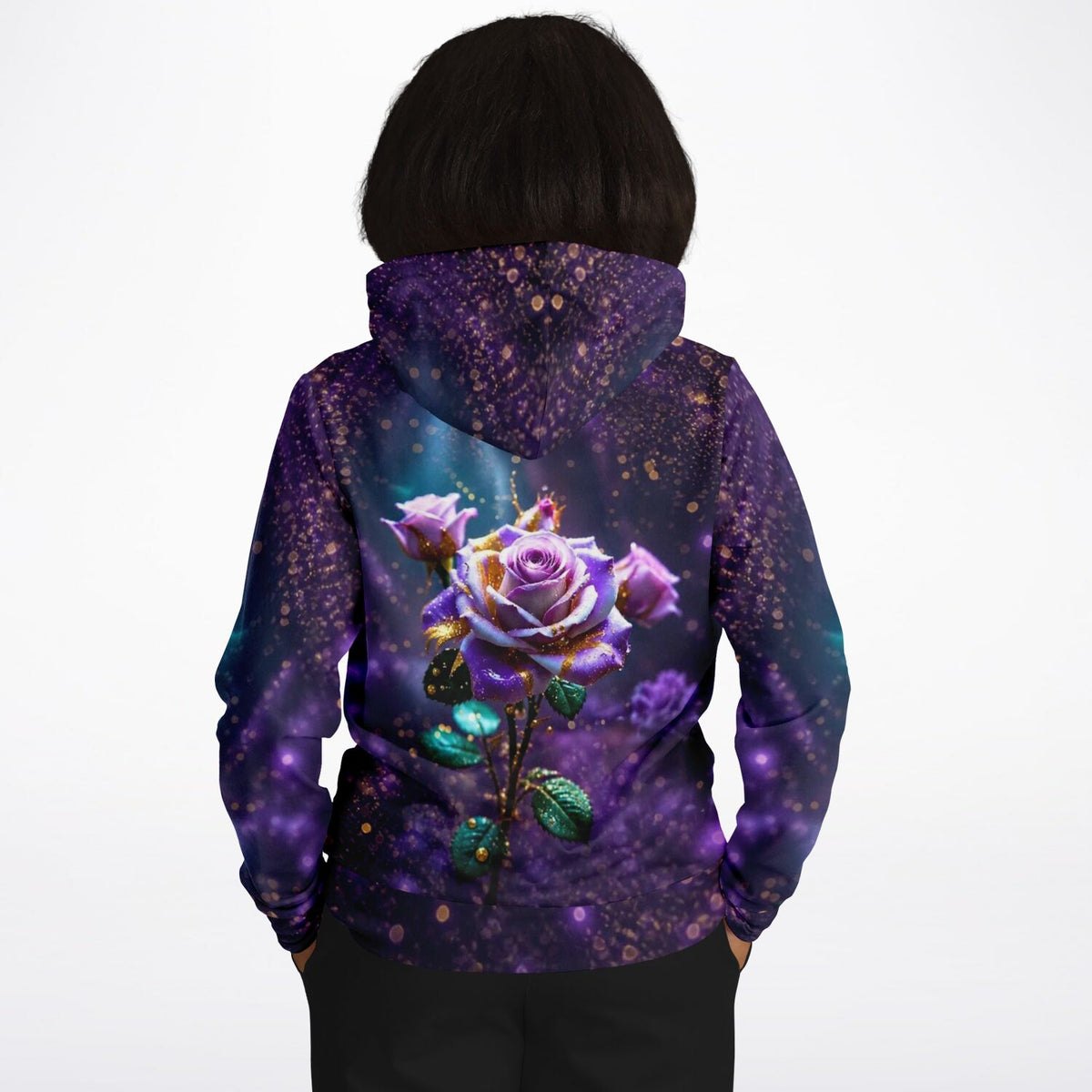 Dreamer Hoodie in Amethystrose mit glitzerndem Rosenmotiv im Stil von Diamond Painting Kunstwerken