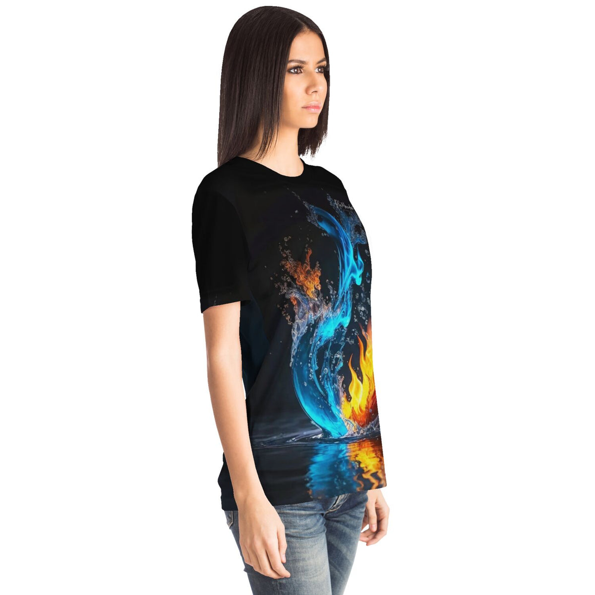 Schwarzes Dreamer T-Shirt mit künstlerischem Design von Elementen aus Feuer und Wasser für DIY-Fans
