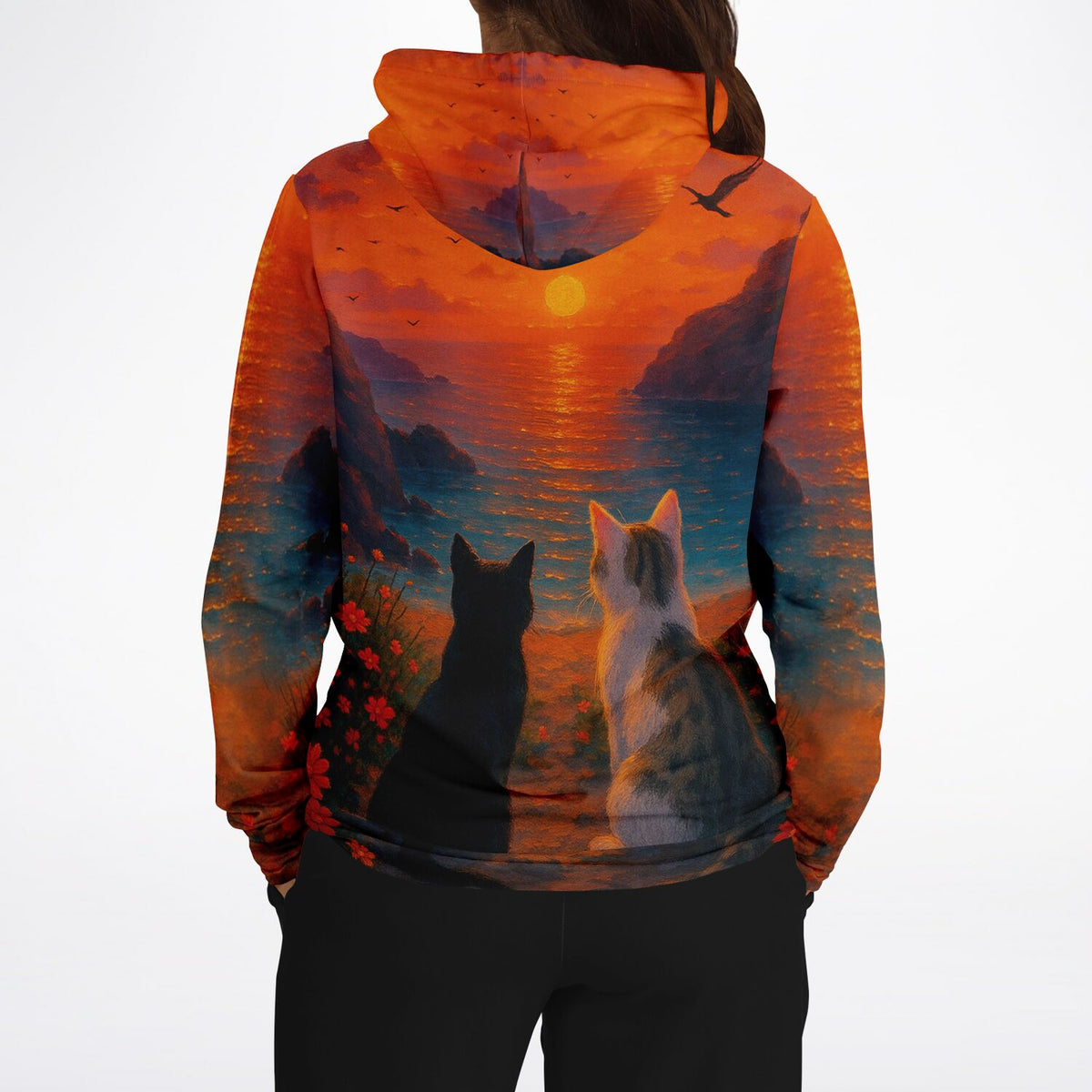 Dreamer Hoodie mit zwei Katzen beim Sonnenuntergang am Meer, Design passend zu Diamond Painting und Malen nach Zahlen