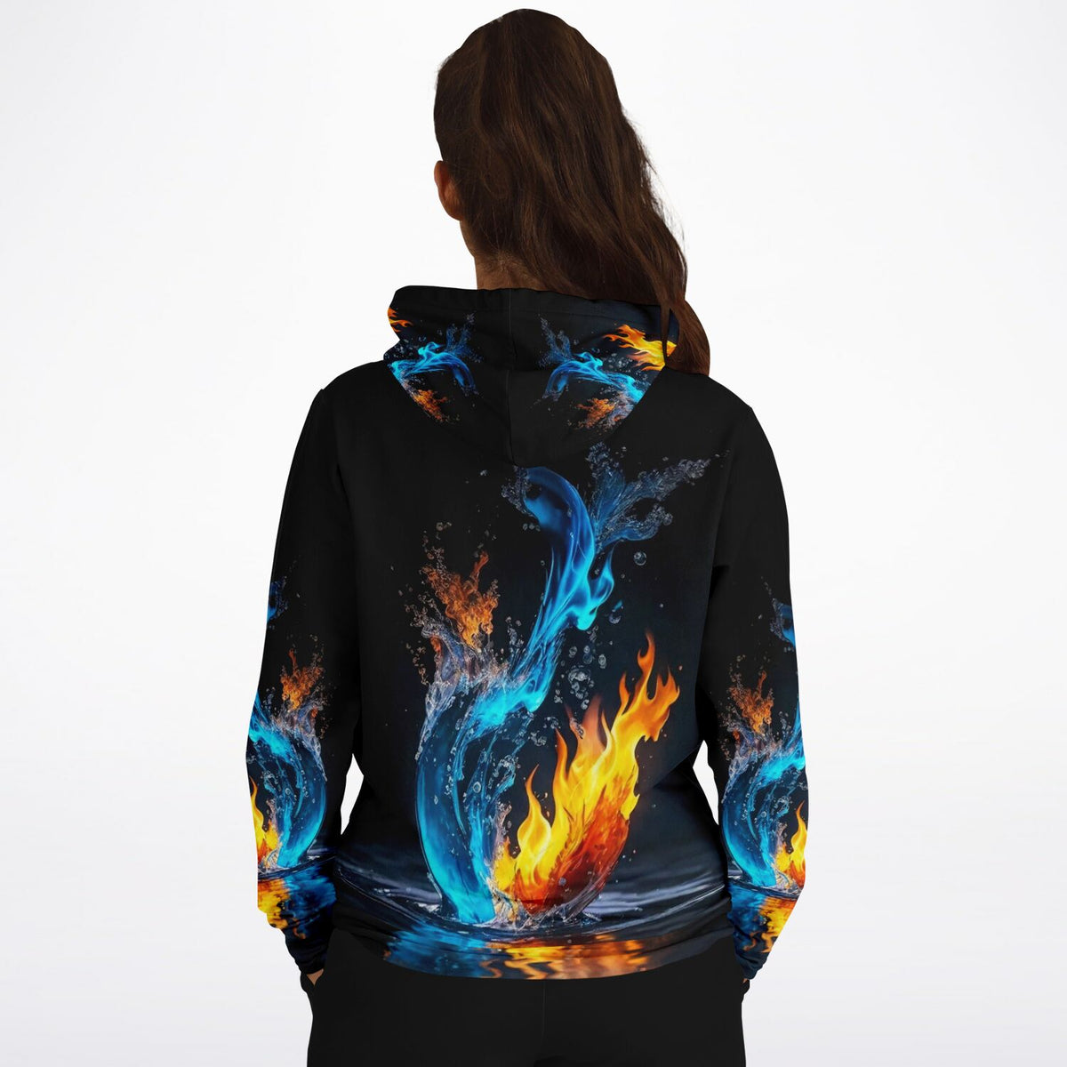 Schwarzer Dreamer Hoodie mit Feuer und Wasser Design im AOP Druck für Fans von Diamond Painting und Kunstmotiven.