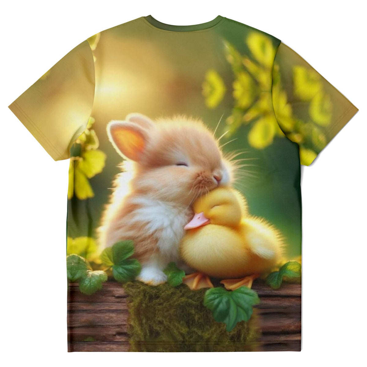 T-Shirt mit süßem Häschen und Küken Motiv, perfekt als Malen nach Zahlen oder Diamond Painting Vorlage für Tierfreunde.