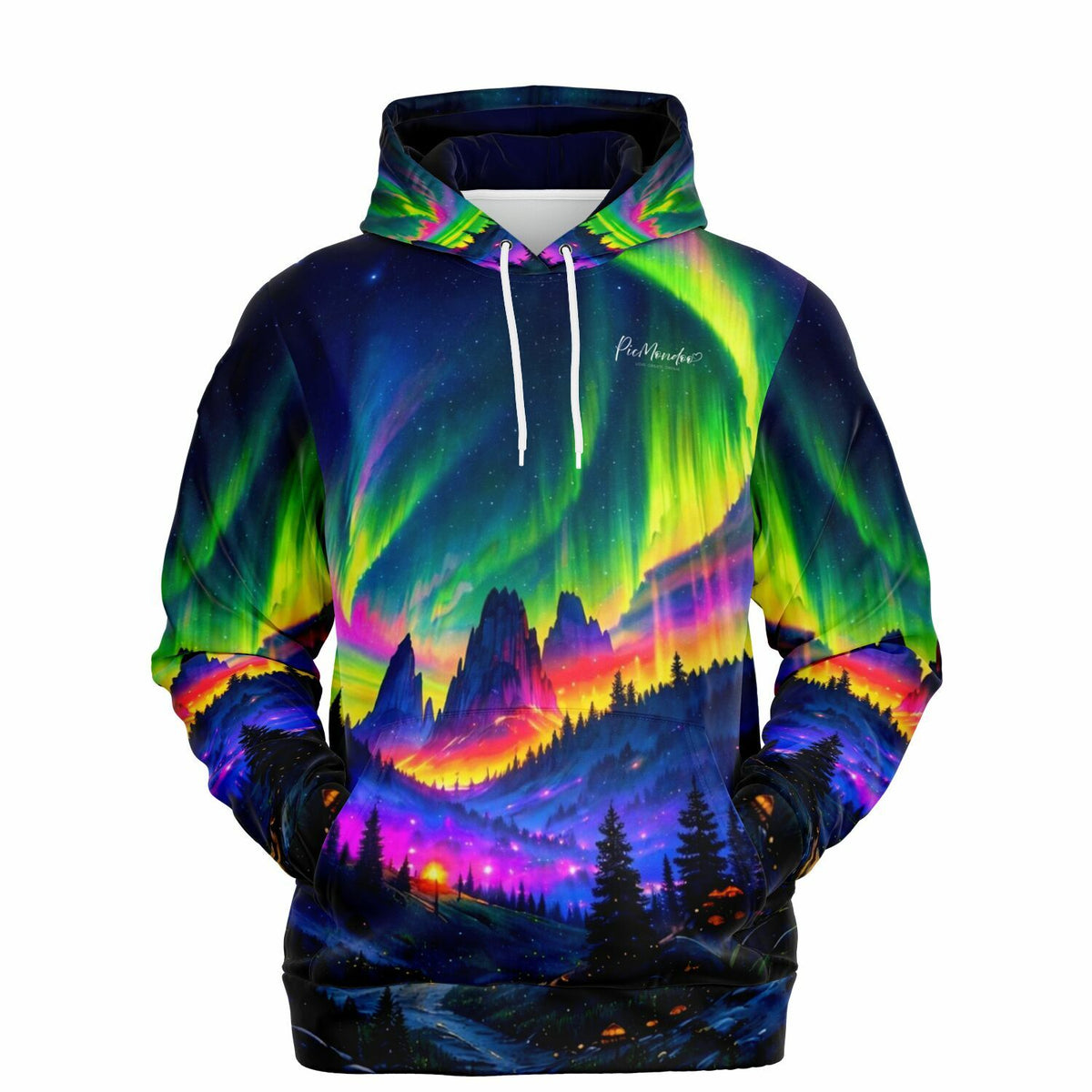 Dreamer Hoodie mit farbenfrohem Nordlicht-Design, Pinienwald und Bergkulisse – künstlerischer All-Over-Print von Picmondoo