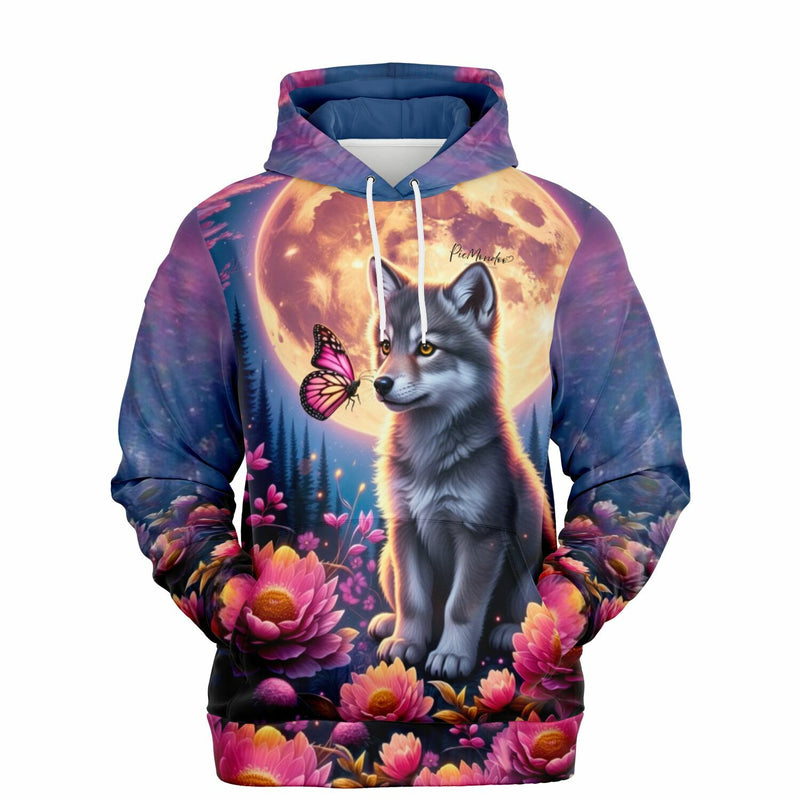 Dreamer Hoodie mit Wolf, Schmetterling und Mond-Motiv im fantasievollen Stil, perfekt für Fans von Diamond Painting