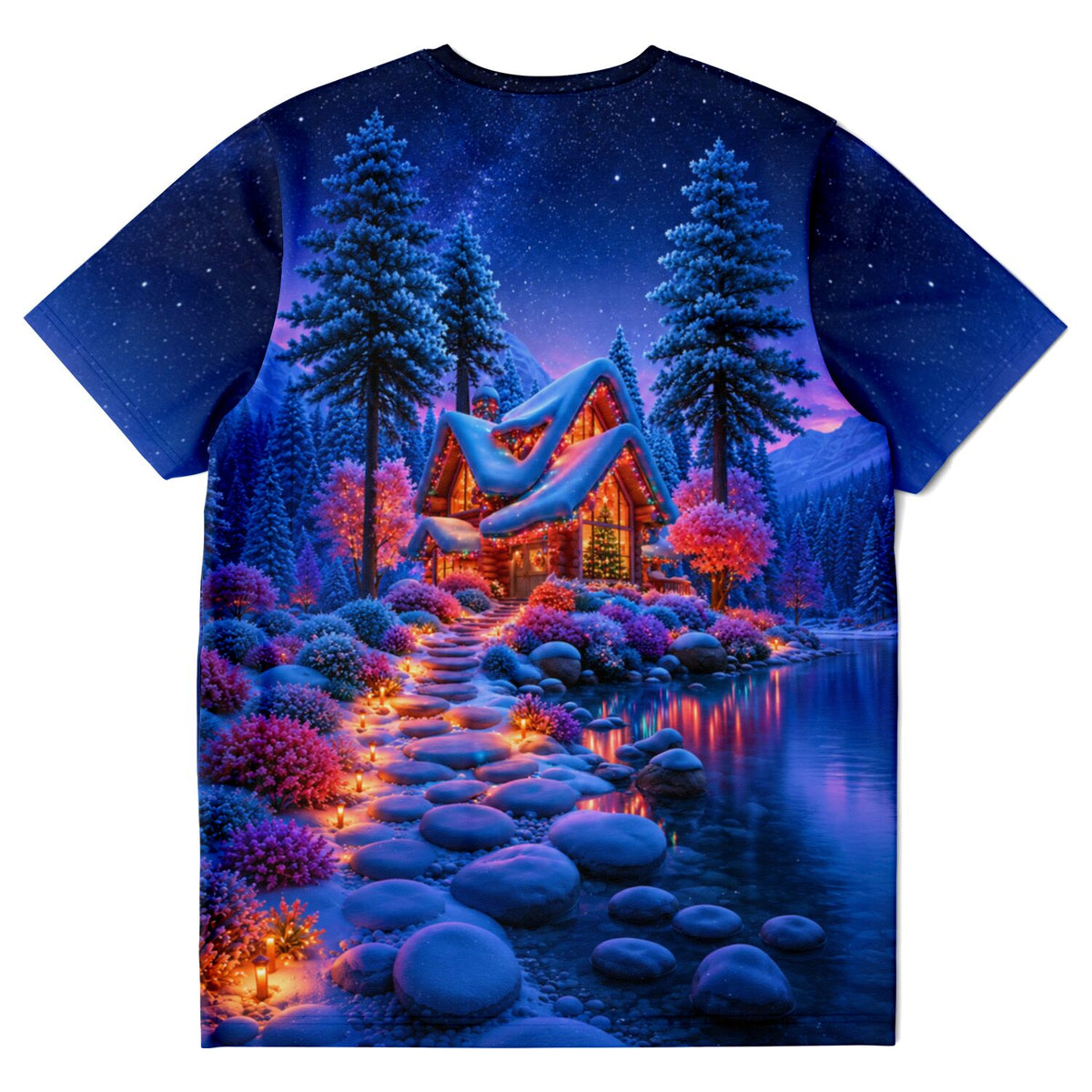 T-Shirt mit weihnachtlichem Lichterwald-Motiv, verschneiter Hütte am See und Sternenhimmel im Diamond Painting Stil