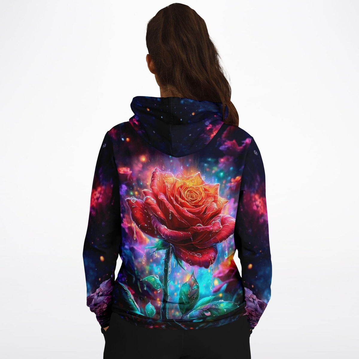 Dreamer Hoodie im Regentanz Design mit farbenfroher Rosen-Illustration in leuchtenden Galaxie-Farben für Kreative