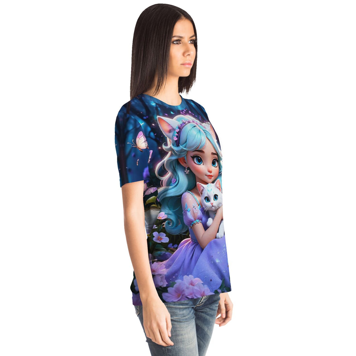 Frau trägt Dreamer T-Shirt mit Kim Kitty Girl Motiv, ideal für Fans von Diamond Painting und Malen nach Zahlen Designs.