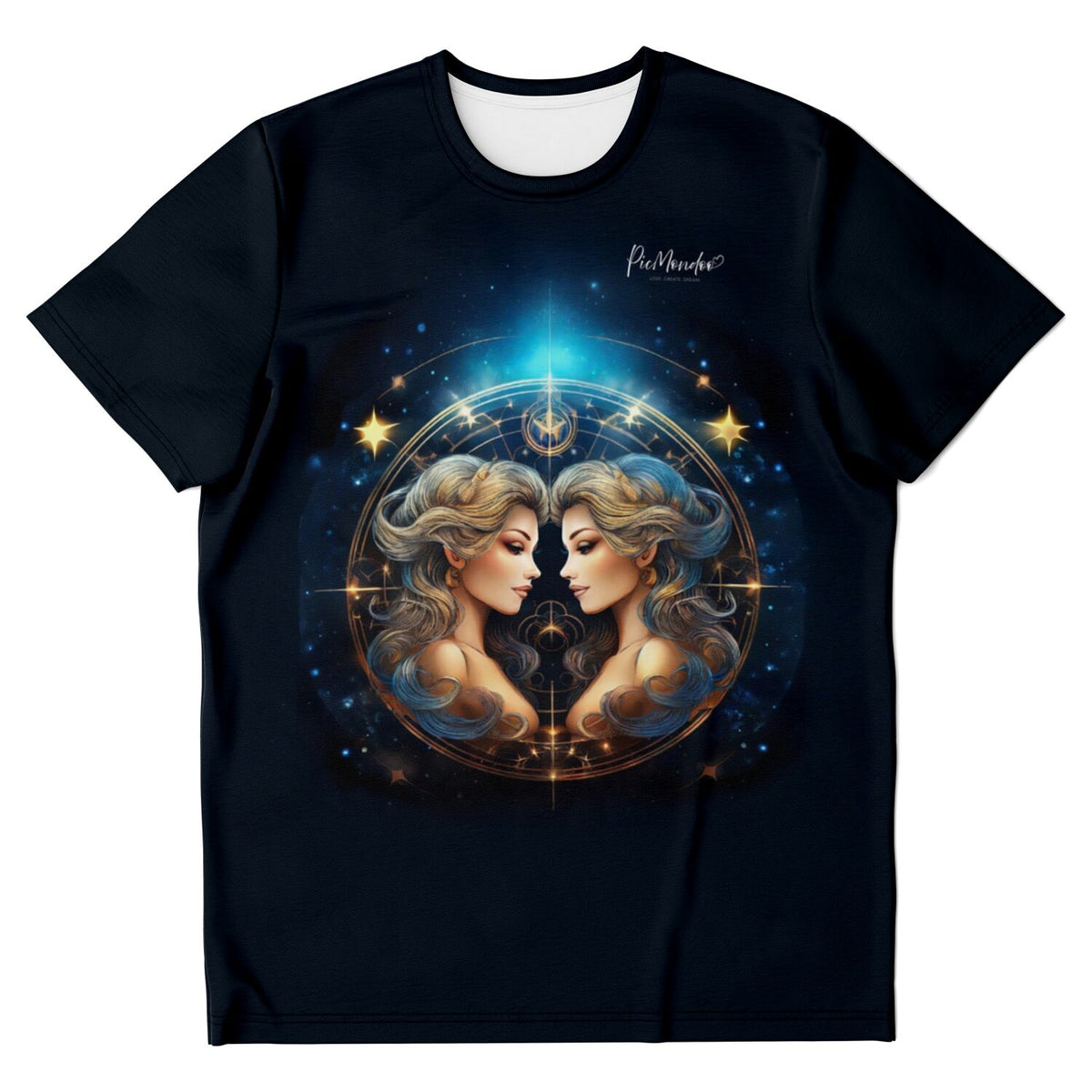 Schwarzes T-Shirt mit Zwillinge Sternzeichen Motiv, inspiriert durch Diamond Painting Kunststile für Sternzeichen-Fans