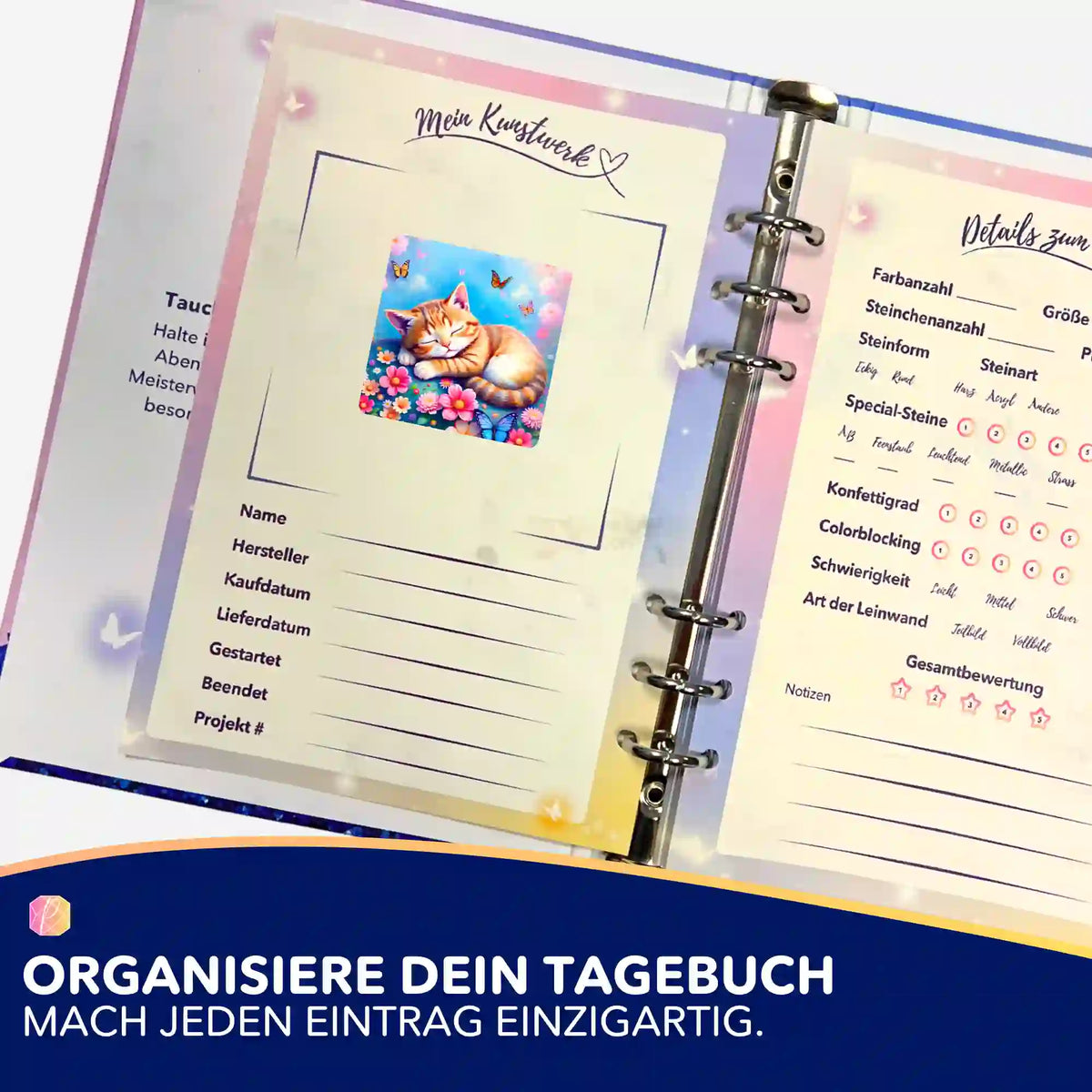 Picmondoo Sticker für Diamond Painting Tagebuch zur Organisation von Kunstwerken mit süßem Katzen-Motiv.