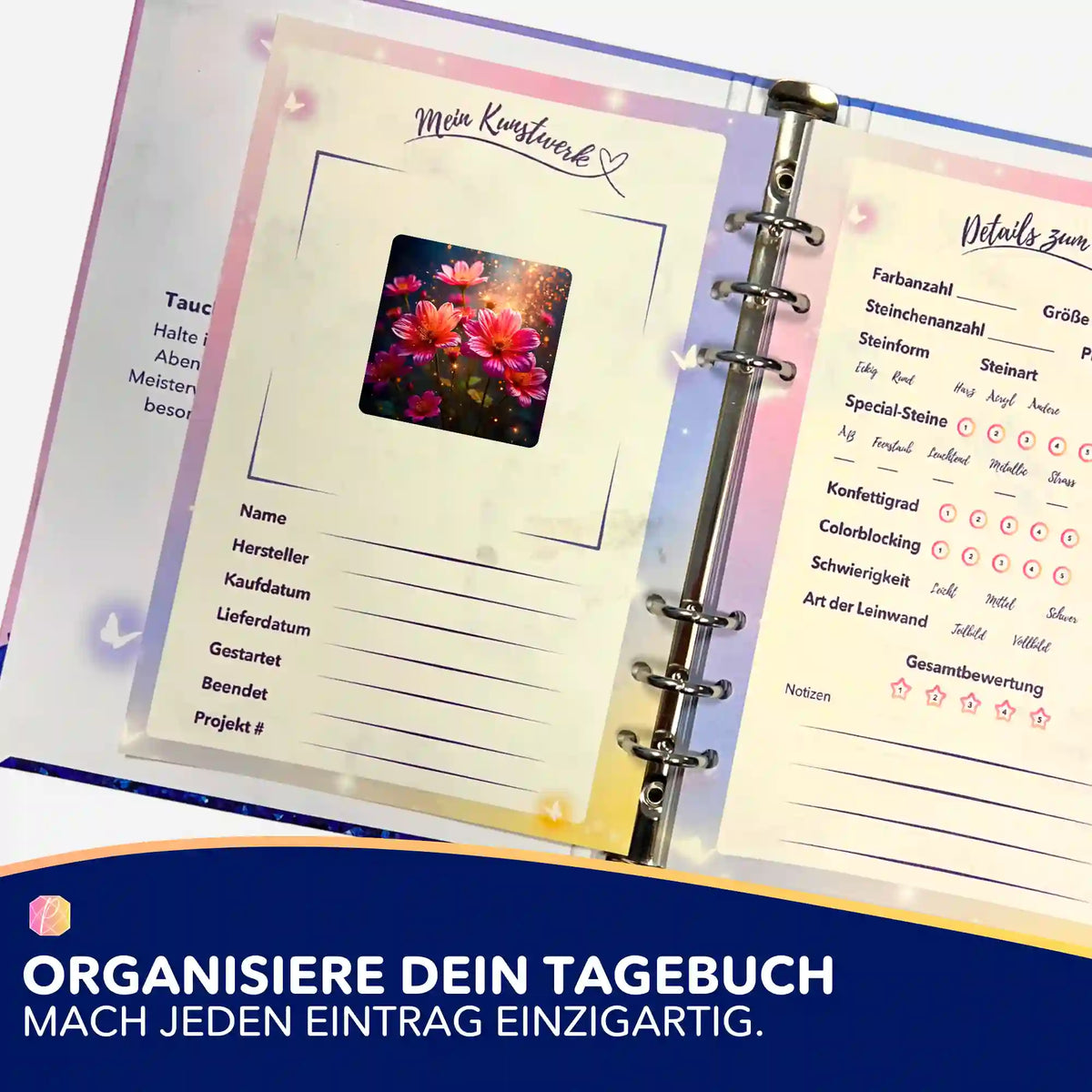 Flower Sparkle Aufkleber im Diamond Painting Tagebuch zur Organisation von Projektdetails und Kunstwerken von Picmondoo