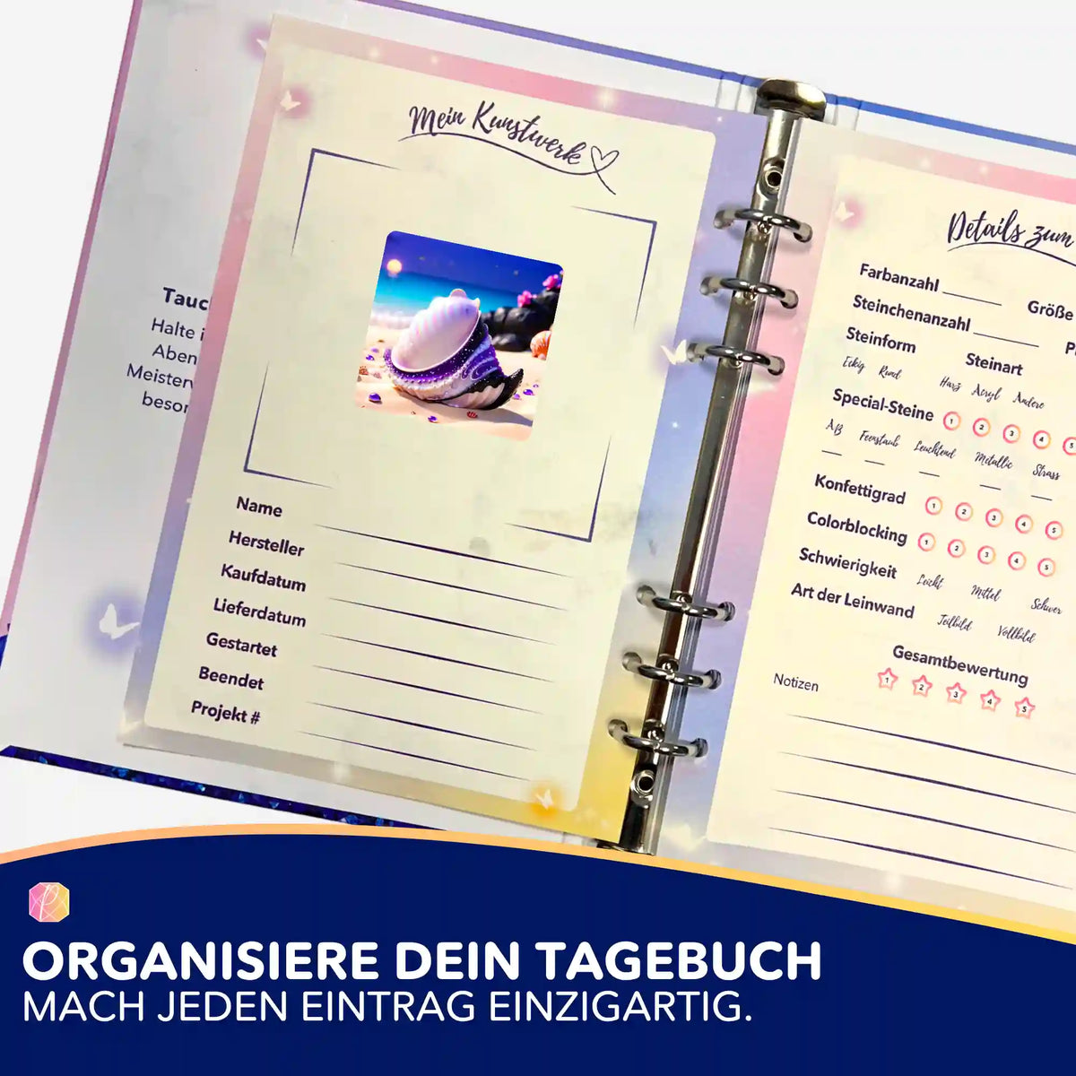 Violette Muschel Diamond Painting Sticker für die Organisation im Diamond Painting Tagebuch und Sammelalbum