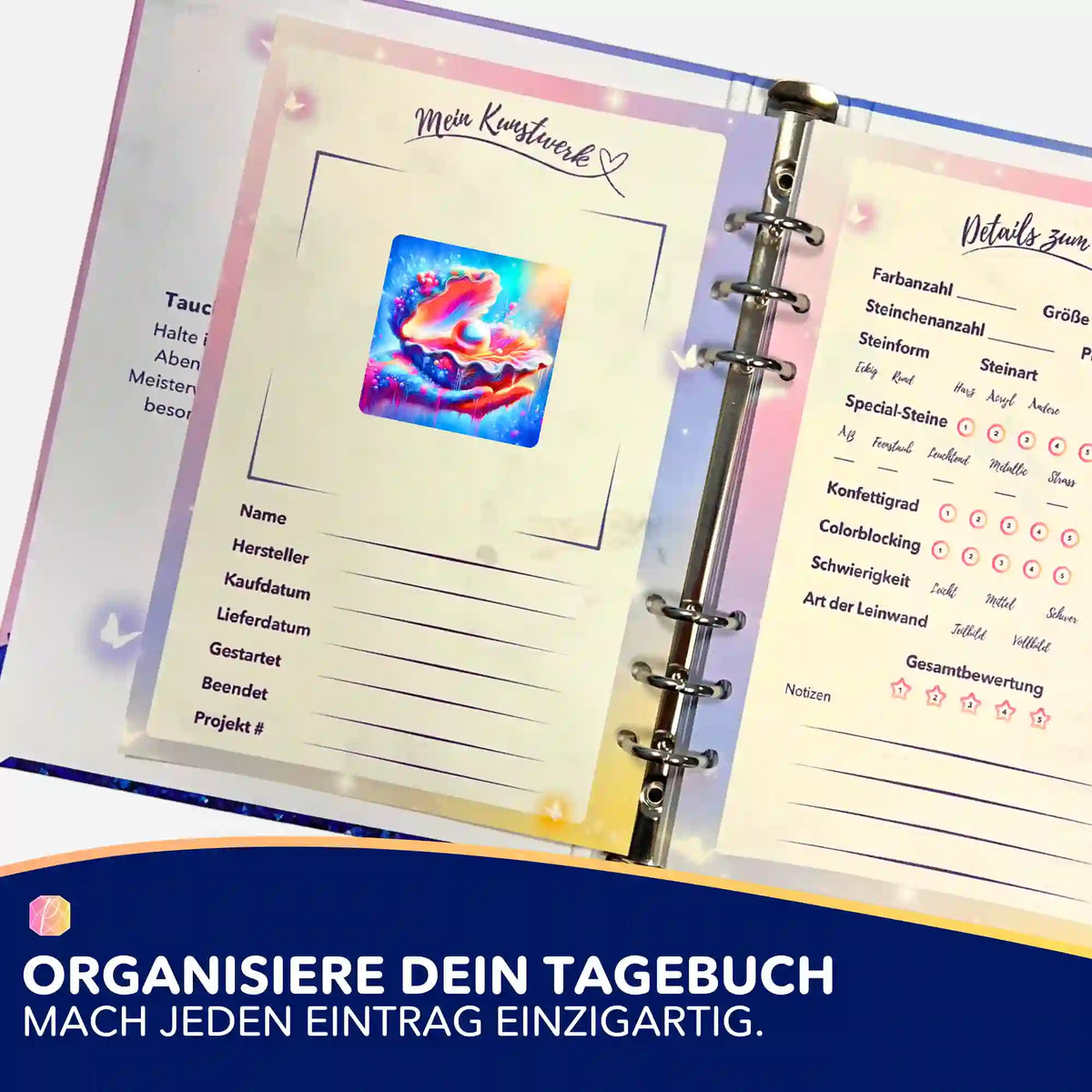 Zauber des Meeres Diamond Painting Sticker in einem Logbuch zur Organisation von DIY-Kunstwerken und Bastelprojekten