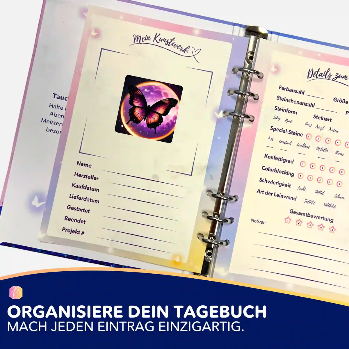 Purple Moon Aufkleber für Diamond Painting Tagebuch zur Organisation von Projektdetails und Kunstwerken