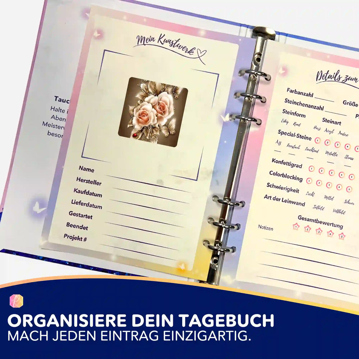 Picmondoo Diamond Painting Tagebuch mit goldenem Rosen Aufkleber zur Organisation deiner Bastelprojekte