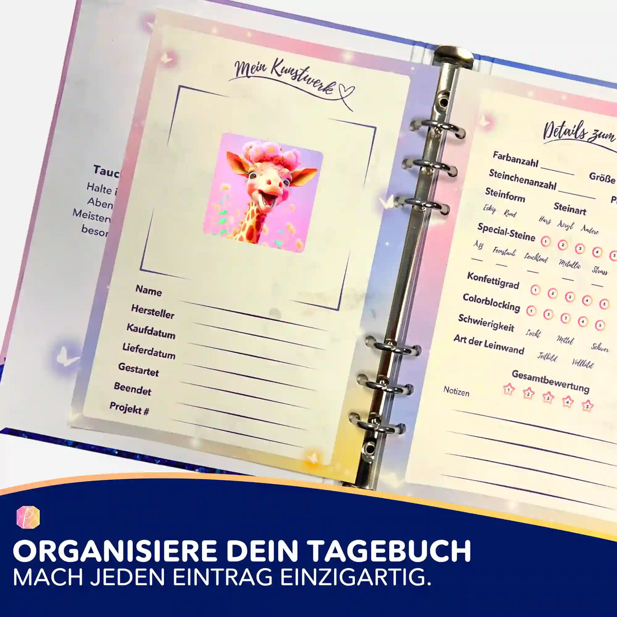 Fröhliche Giraffe Sticker für das Diamond Painting Tagebuch zur Organisation von DIY-Kunstwerken und Projekt-Details.