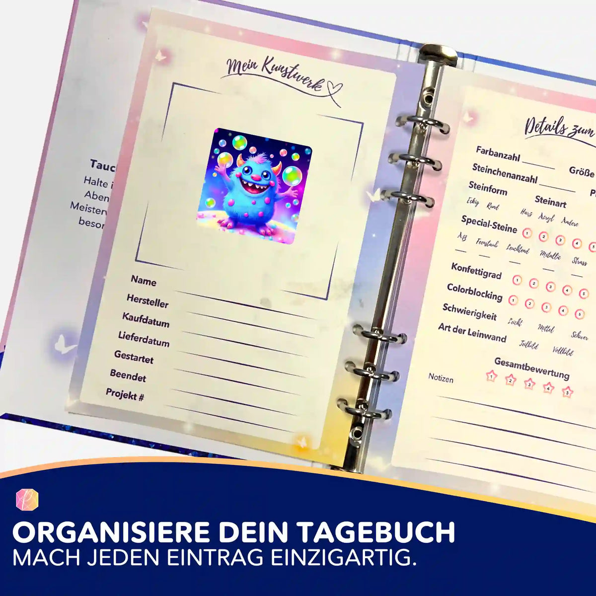 Buntes Monster-Sticker 5er-Set zur Organisation im Diamond Painting Tagebuch für dein liebstes DIY-Kunstwerk.
