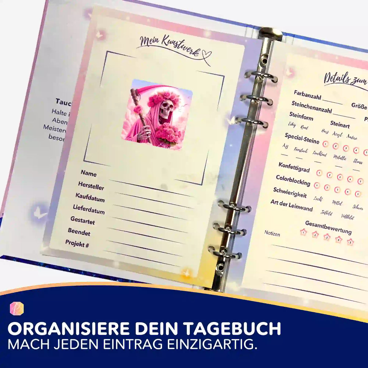 Picmondoo Diamond Painting Tagebuch mit Rosenträume Sticker zur Organisation von Hobby-Projekten