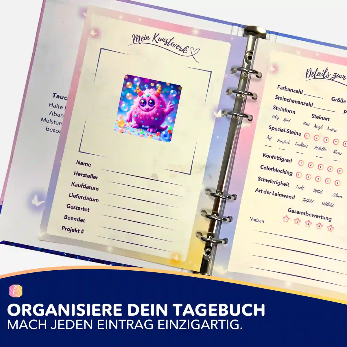 Organizer-Tagebuch mit Monster-Aufkleber für Diamond Painting Projekte zur Dokumentation von Steinchen und Details.