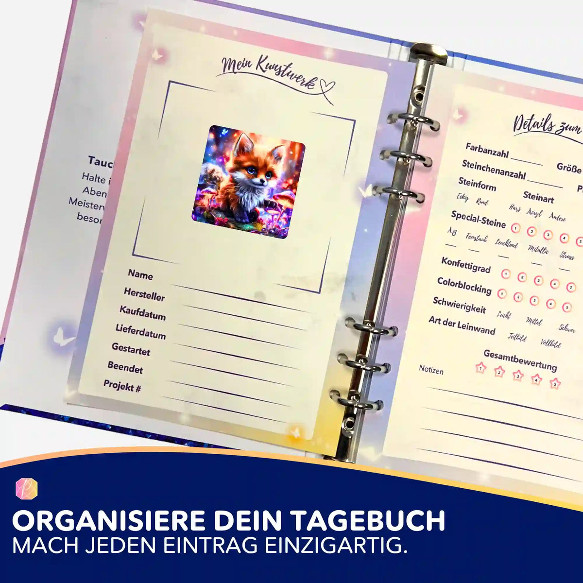 Fynni Fuchs Sticker im Diamond Painting Tagebuch zur Organisation von Projekten und kreativen Kunstwerken