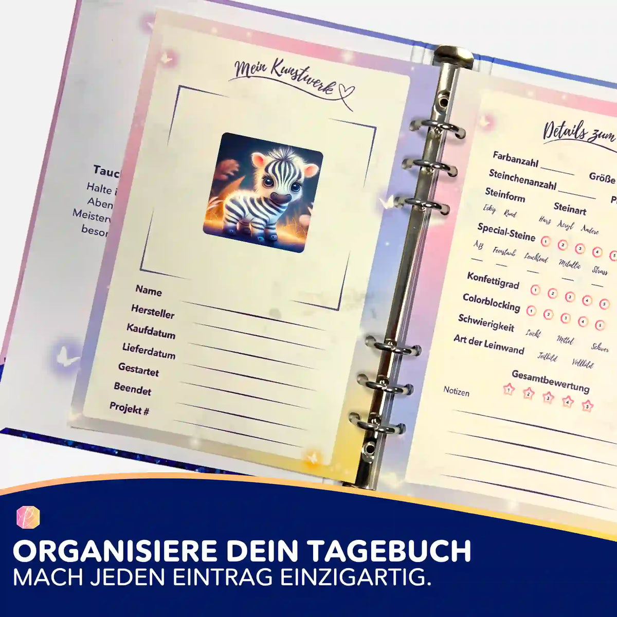 Diamond Painting Tagebuch Sticker mit süßem Zebrababy zur Organisation von Bastelprojekten und Kunstwerken