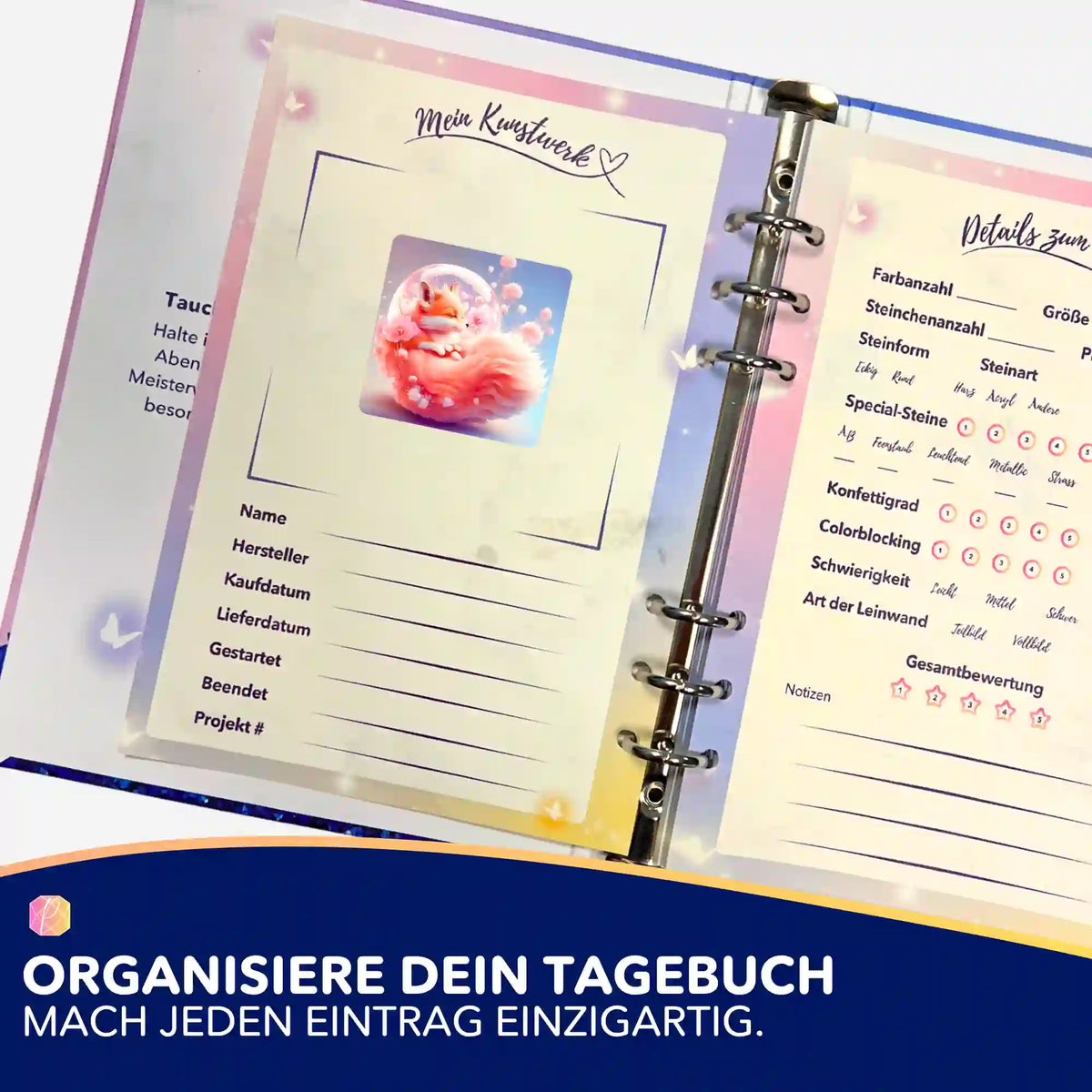 Picmondoo Apricot Foxy Aufkleber in einem Diamond Painting Tagebuch zur Organisation von Kunstwerken und Projekt-Details.
