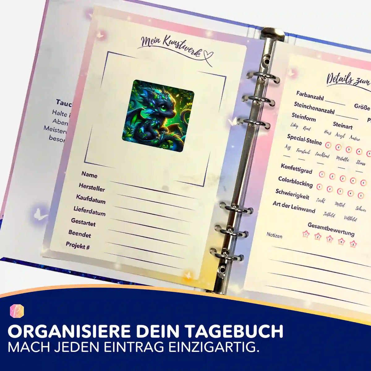 Drago der kleine Drache Sticker als Diamond Painting Zubehör im Notizbuch-Tagebuch zur Organisation von Kunstwerken