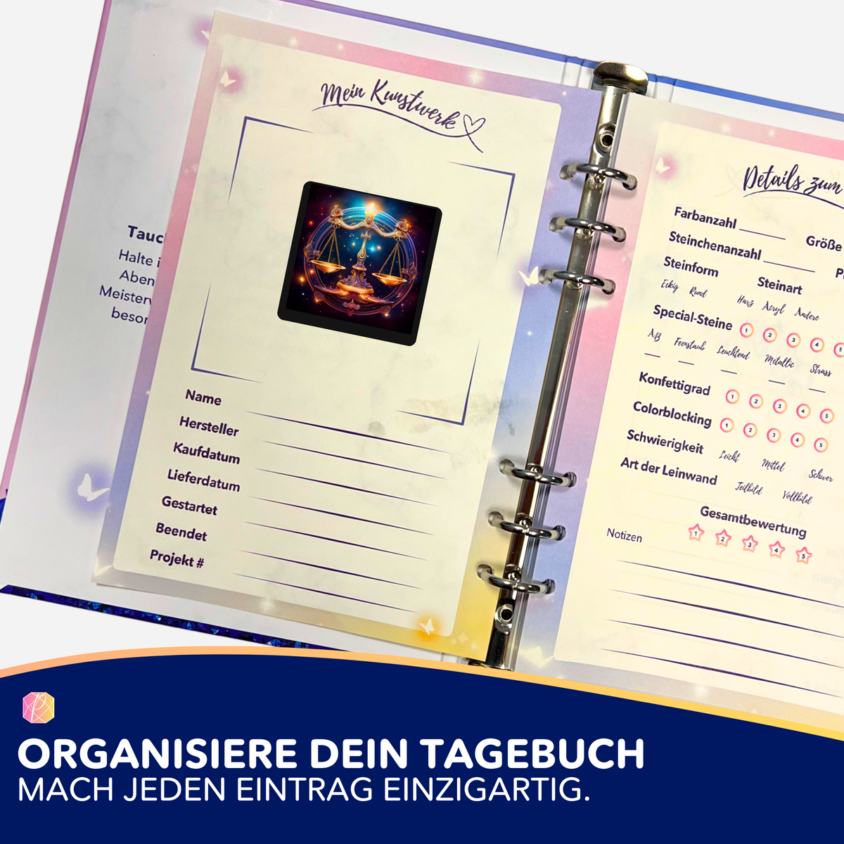 Waage Sternzeichen Aufkleber für das Diamond Painting Tagebuch zur Organisation von DIY-Kunstwerken und Projekt-Details.