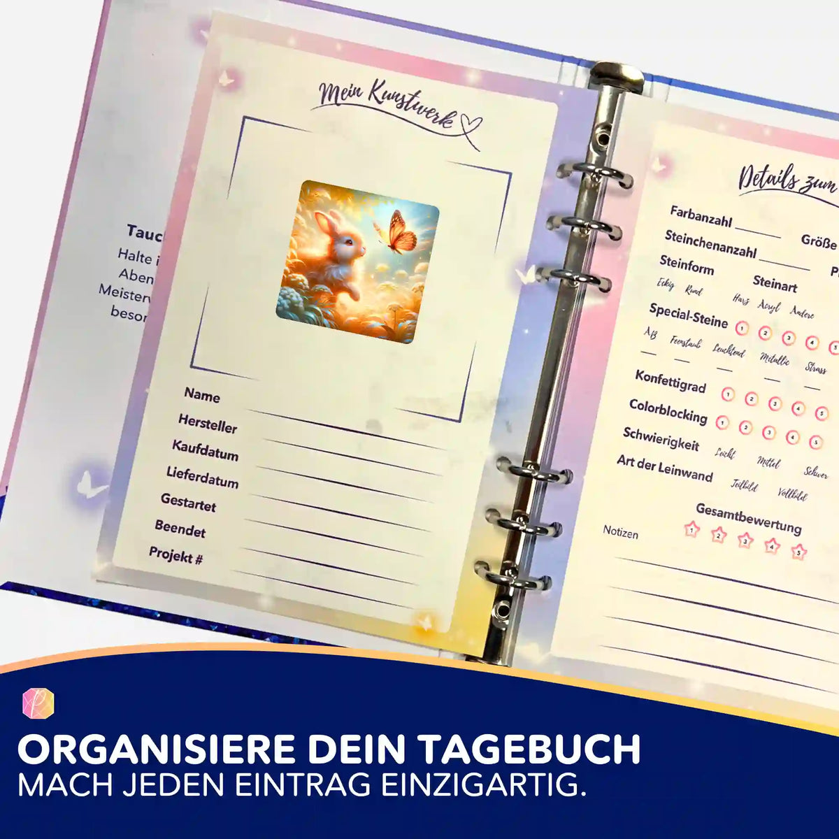 Häschen-Aufkleber im Diamond Painting Tagebuch zur Organisation von DIY-Kunstwerken und Diamanten Painting Projekten.