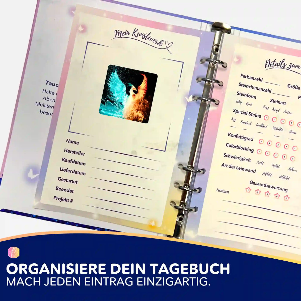 Phönix Aufkleber für Diamond Painting Tagebuch zur Projektorganisation von Picmondoo