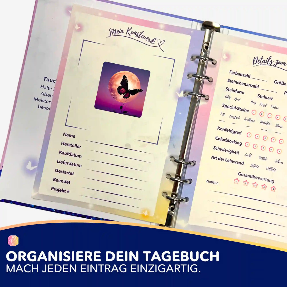 Picmondoo Sticker-Set Nightfly für Diamond Painting Tagebuch zur Organisation von DIY-Kunstwerken und Motiven.