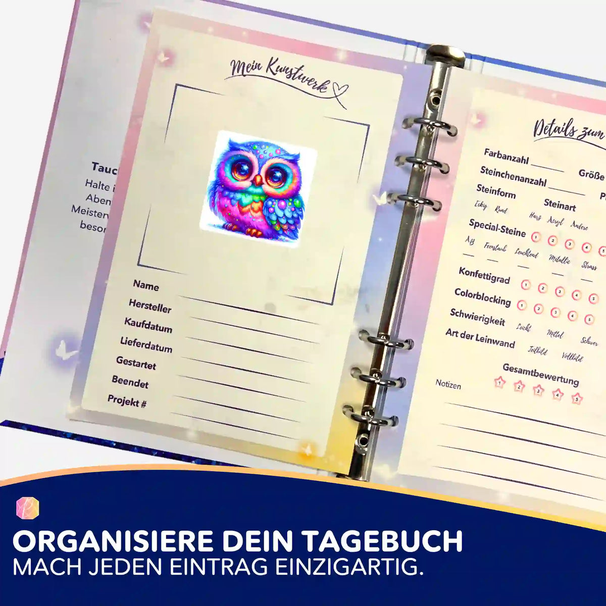 Bunter Eulen-Sticker für das Diamond Painting Tagebuch zur Organisation von Kunstwerken und Projektdetails.