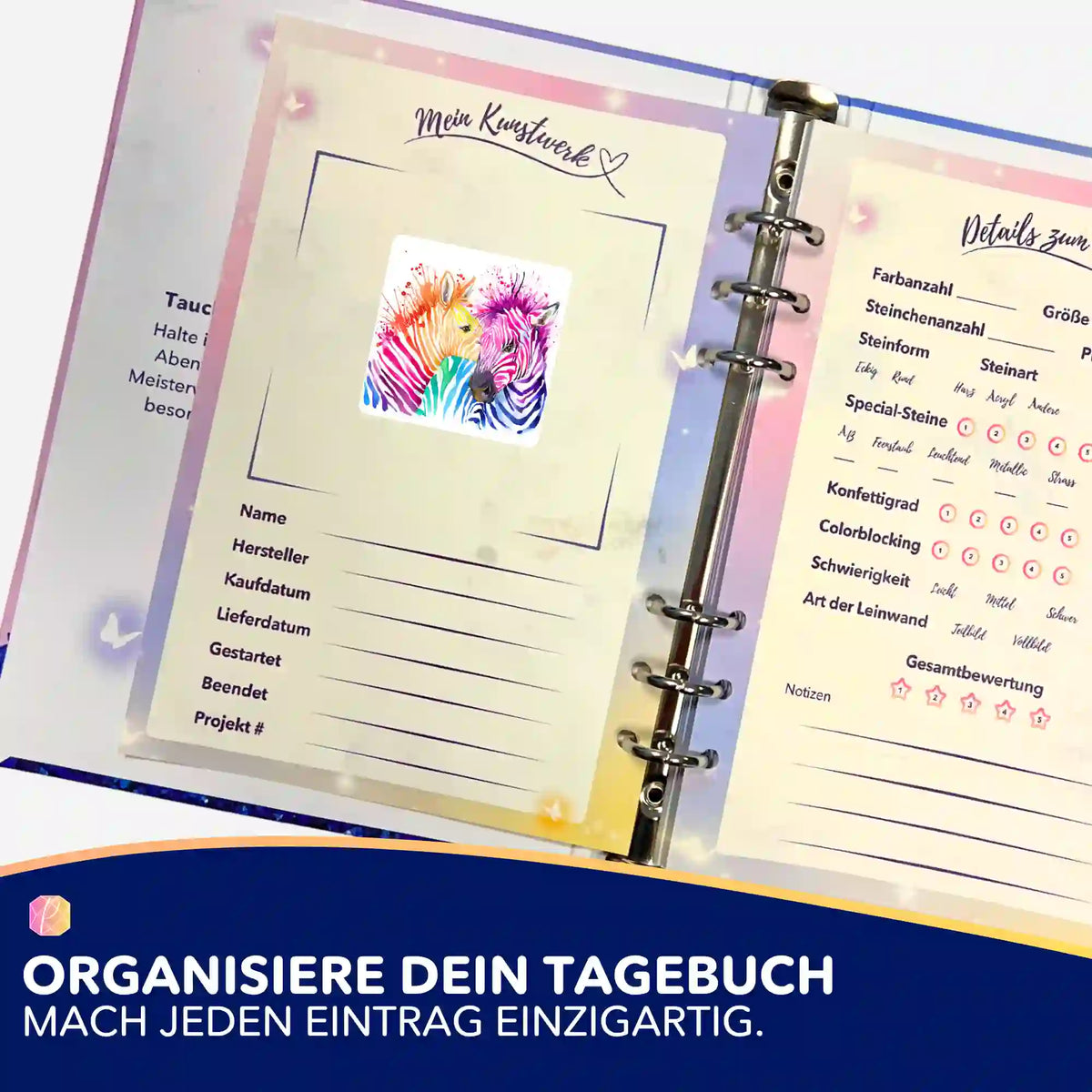 Bunter Zebra-Sticker für Diamond Painting Tagebuch zur Organisation von Projektdetails und Kunstwerken