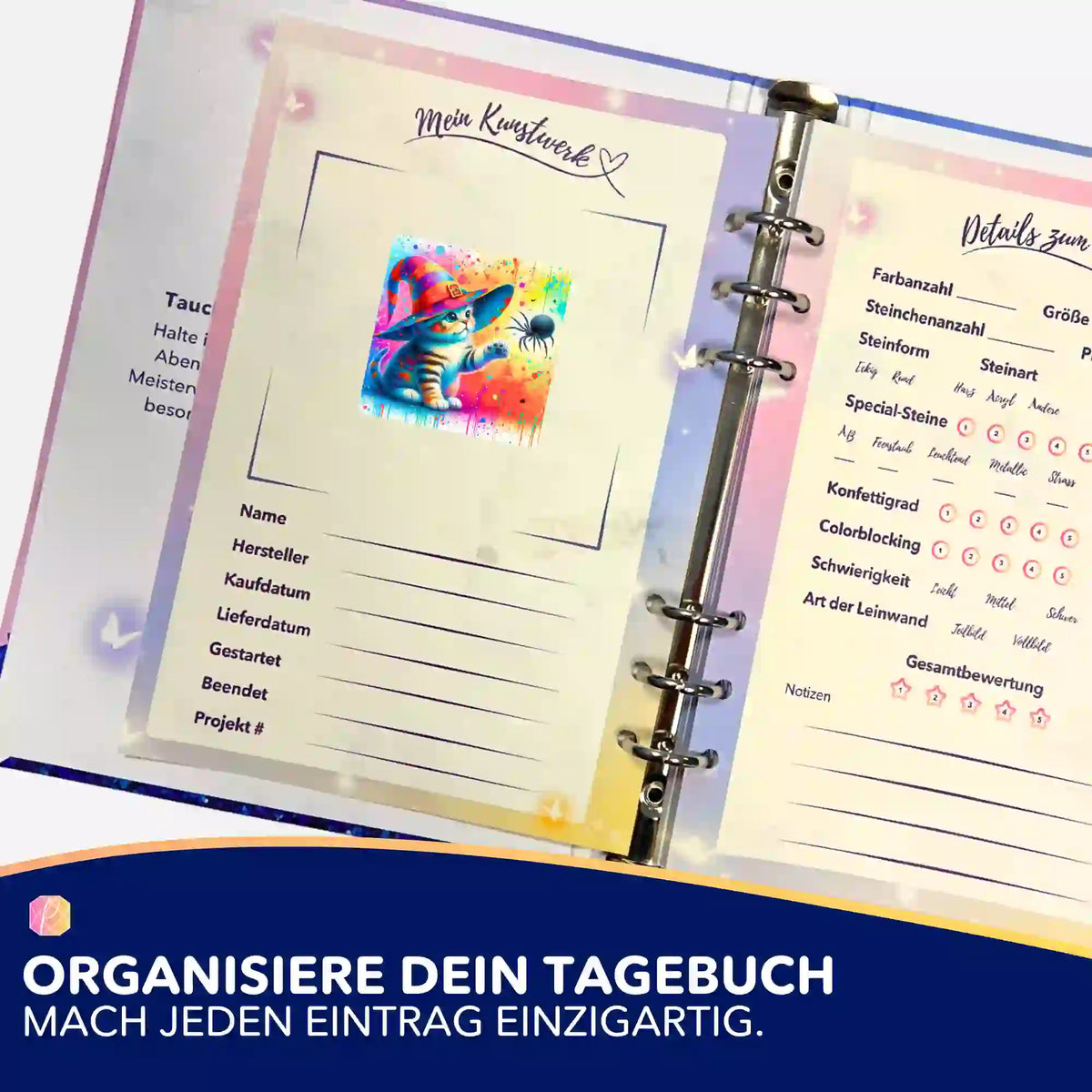 Kitty Cat Motivaufkleber im Diamond Painting Tagebuch zur Organisation von Malen nach Zahlen und Diamanten Painting Projekten