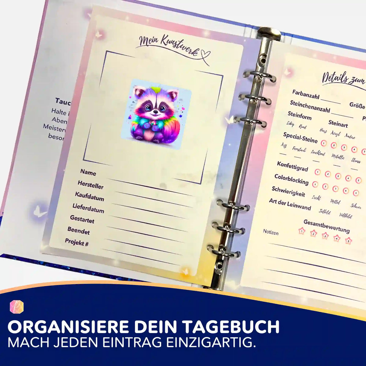 Bunter Waschbär-Sticker für Diamond Painting Tagebuch zur Organisation deiner Kunstwerke und Diamanten Painting Projekte