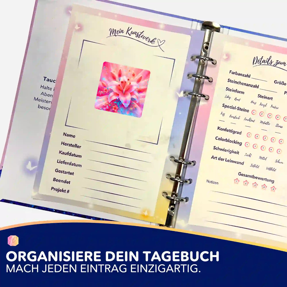 Zarte Lilie Sticker in einem Diamond Painting Tagebuch zur Organisation von DIY-Kunstwerken und Diamanten Painting Sets.