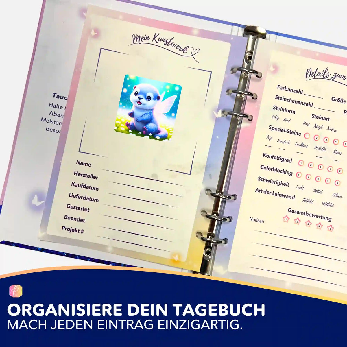 Diamond Painting Tagebuch-Aufkleber mit Feenotter Mira Motiv zur Organisation und Dokumentation deiner Kunstwerke