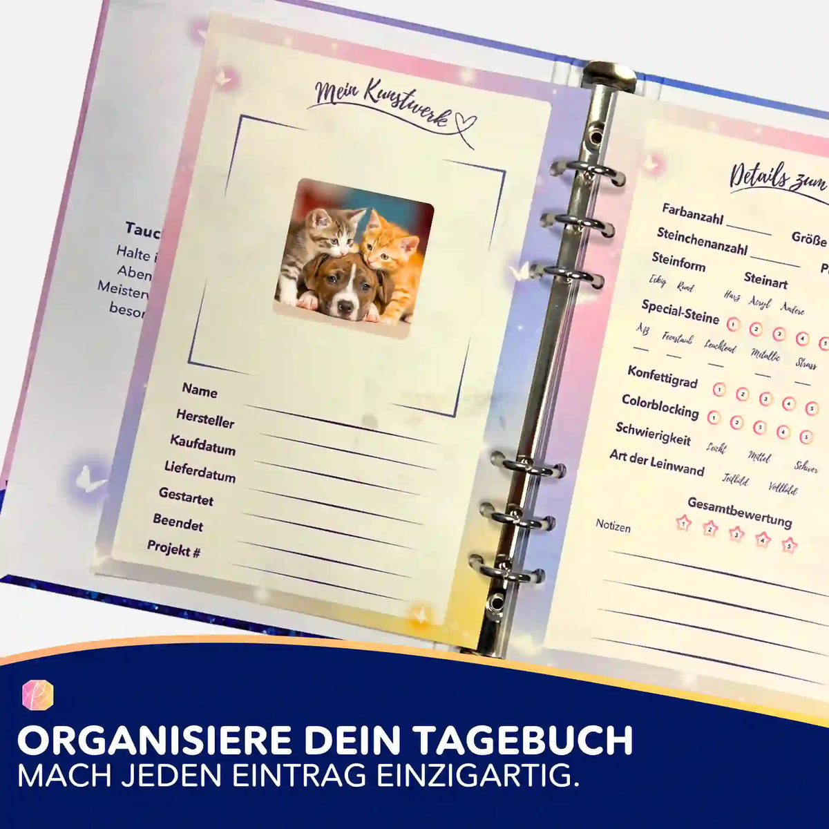 Picmondoo Diamond Painting Tagebuch mit Organizer-Seiten und niedlichem Katzen- und Hundemotiv zum Einkleben
