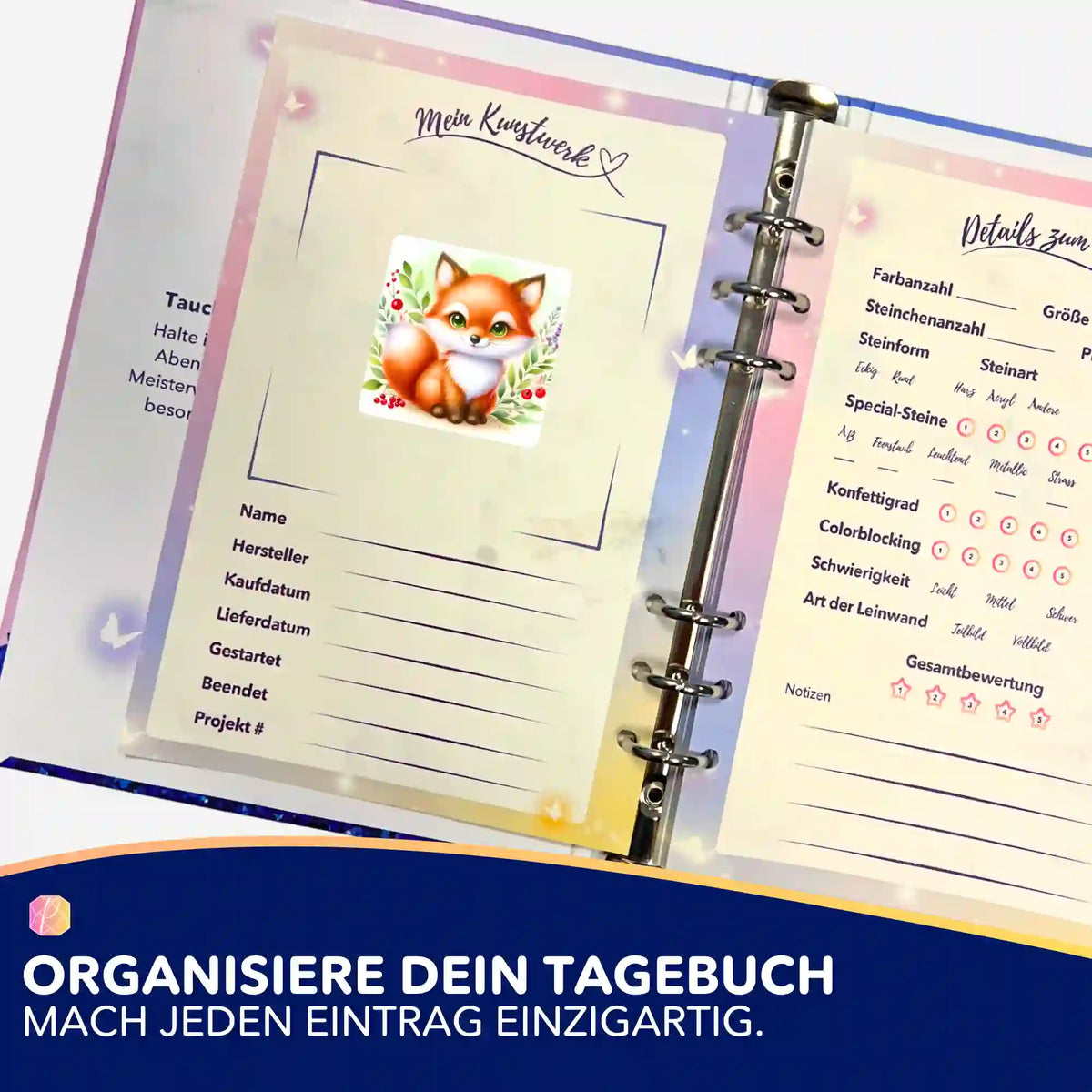 Freddy Füchschen Sticker in einem Diamond Painting Tagebuch zur Organisation von DIY-Bastelsets