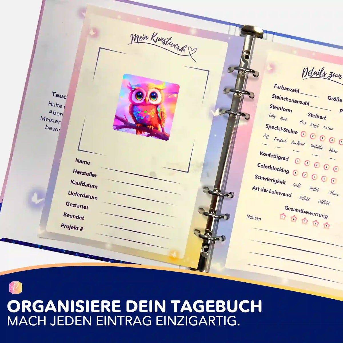 Bunter Eulensticker für Diamond Painting Tagebuch zur Organisation von DIY Projekten wie Malen nach Zahlen