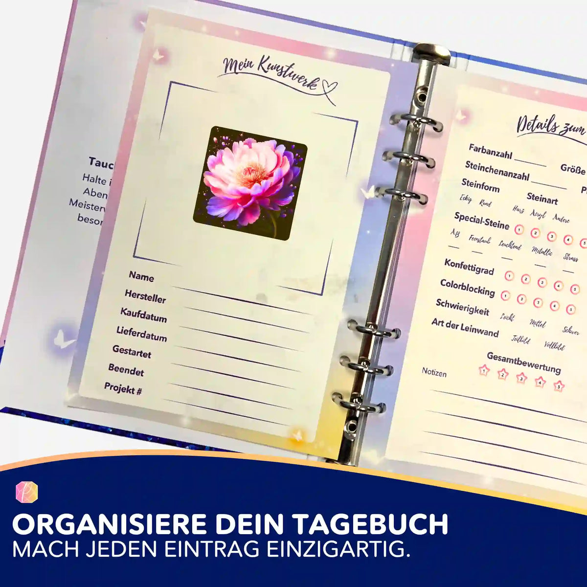 Diamond Painting Aufkleber Flüstern der Pfingstrose zur Organisation im Tagebuch für DIY Projekte