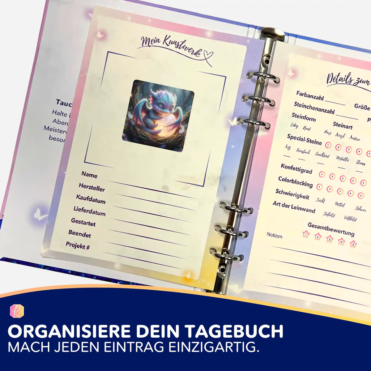 Diamond Painting Aufkleber vom Lichtdrache Faye im persönlichen Basteltagebuch zur Organisation von Projekten.