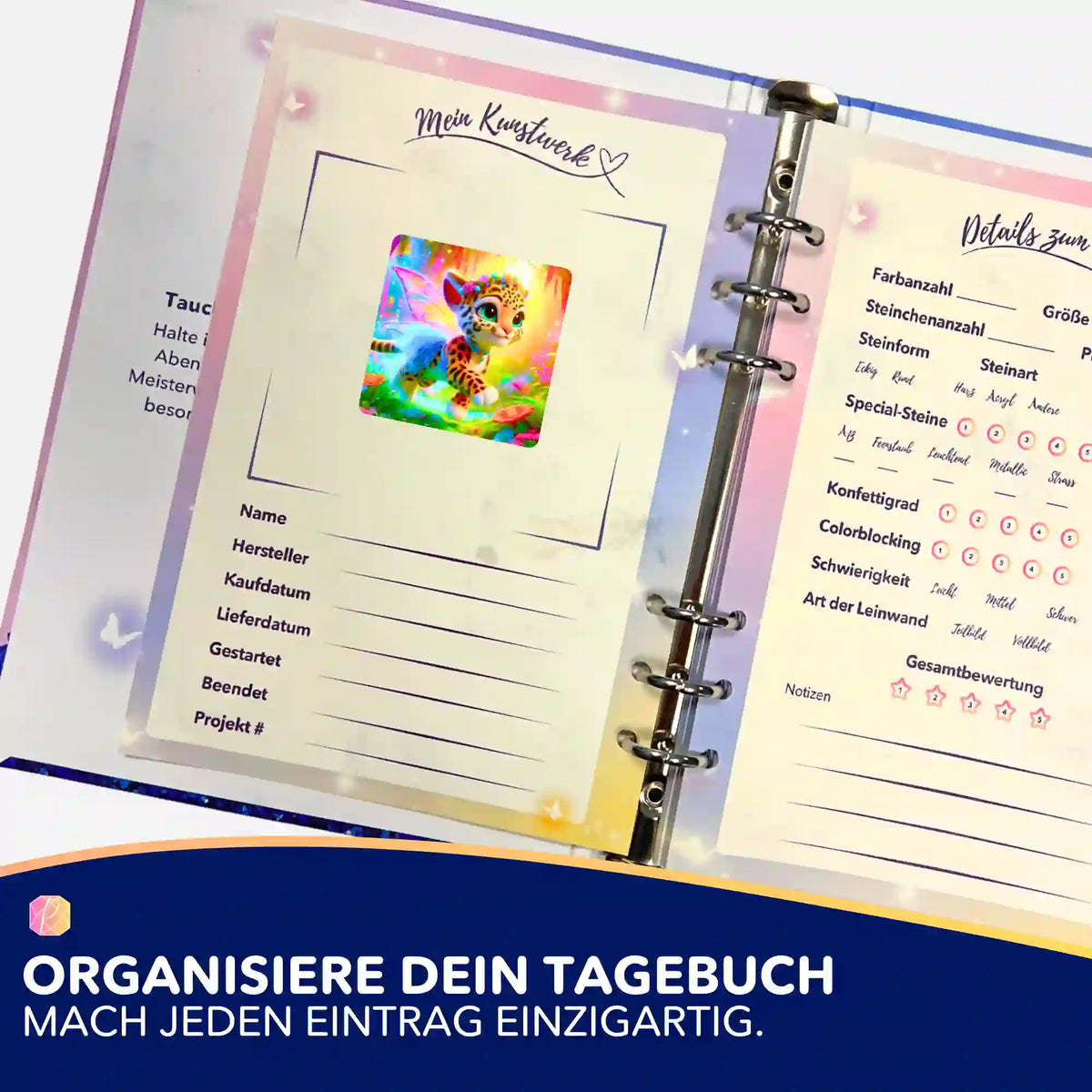 Finja die kleine Tigerfee als Diamond Painting Aufkleber zur Organisation im Hobby-Tagebuch