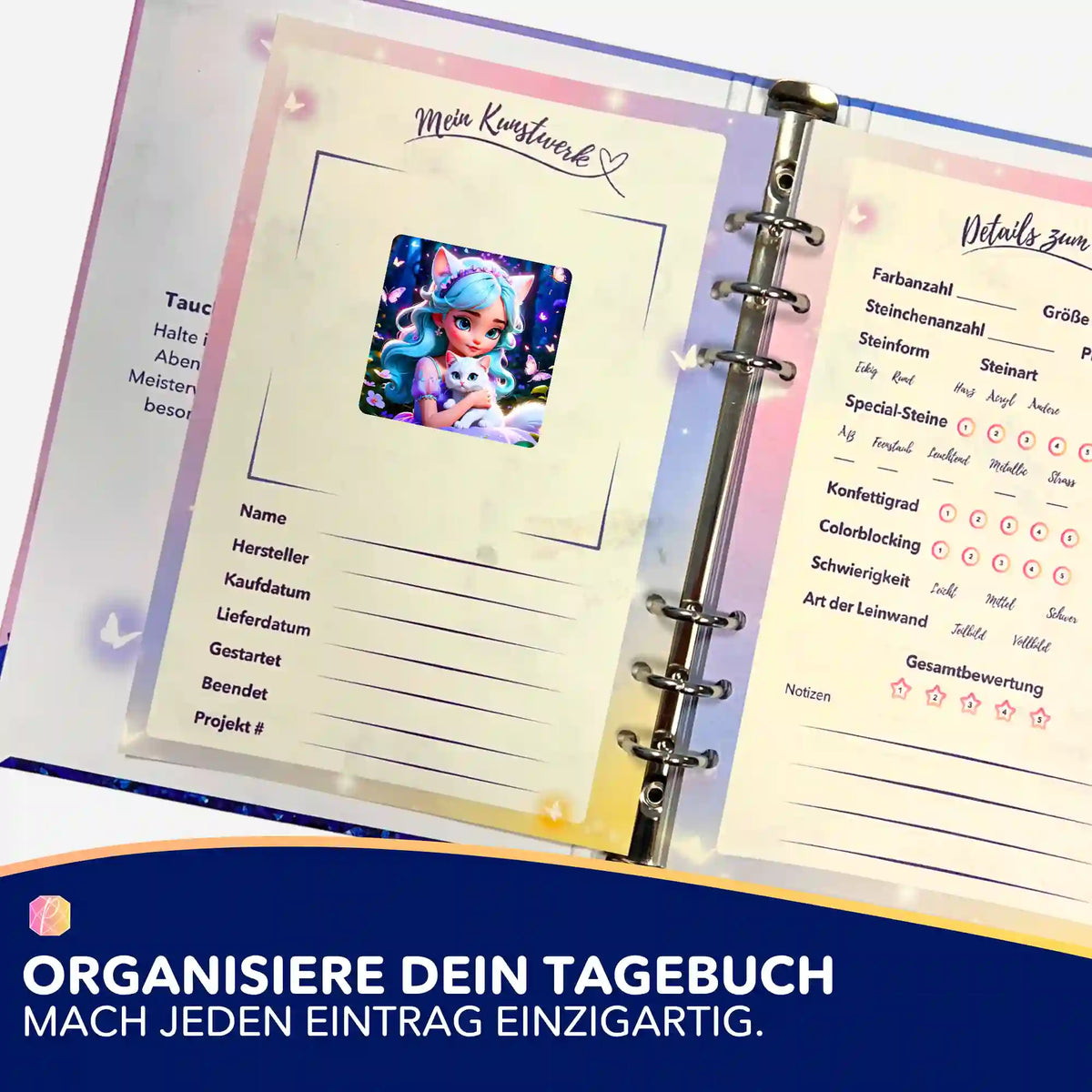 Kim Kitty Girl Aufkleber in einem Diamond Painting Tagebuch zur Organisation von Projekten und Kunstwerken