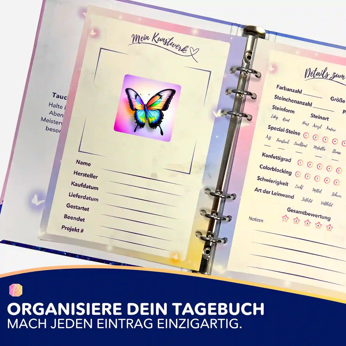 Schmetterling Aufkleber für Diamond Painting Tagebuch zur Organisation von Malen nach Zahlen und Diamanten Painting Projekten